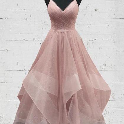 Pink V Neck Tulle Sequins Long Prom Dress