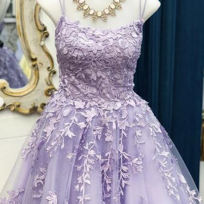 Purple tulle lace long prom dress f..