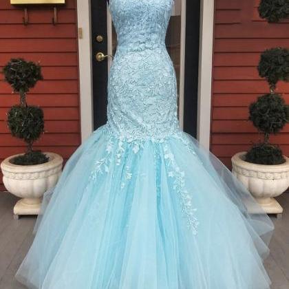 Blue Lace Long Prom Dress Mermaid Evening Dress