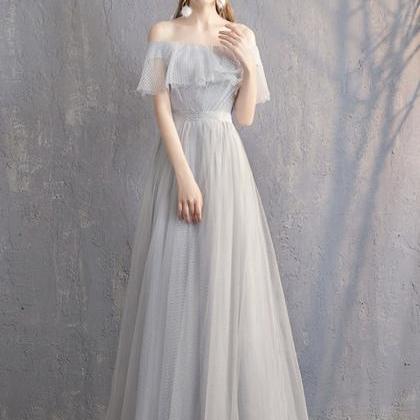 Gray Tulle Long Prom Dress Simple Evening Dress