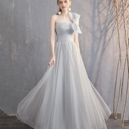 Gray Tulle Long Prom Dress Simple Evening Dress