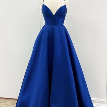 Simple Blue V Neck Satin Long Prom Dress