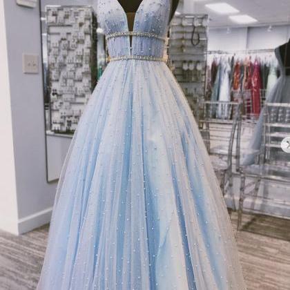 Light Blue Tulle Pearl Long Prom Dress Formal..