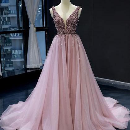 Pink V Neck Tulle Beads Long Prom Dress Evening..
