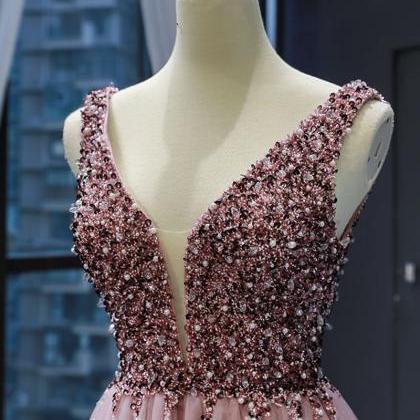 Pink V Neck Tulle Beads Long Prom Dress Evening..