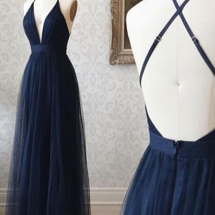 Dark Blue V Neck Tulle Long Prom Dress
