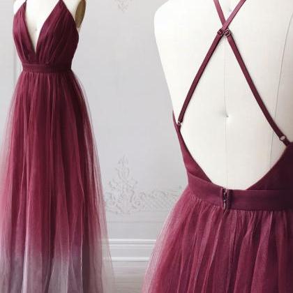 Burgundy V Neck Tulle Long Prom Dress