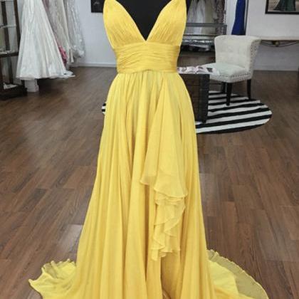 Yellow V Neck Chiffon Long Prom Dress