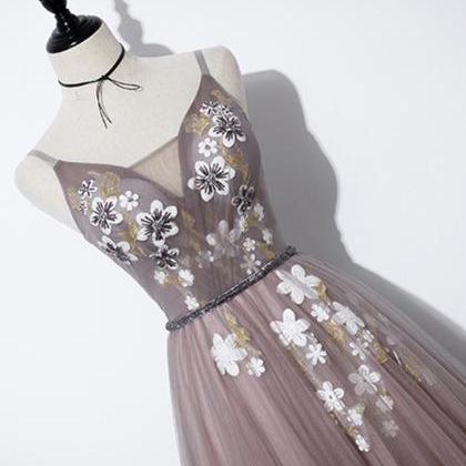 A Line V Neck Tulle Lace Long Prom Dress