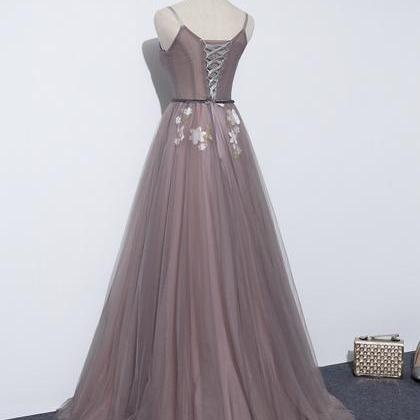 A Line V Neck Tulle Lace Long Prom Dress