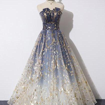 A Line Tulle Beads Long Prom Gown Evening Dress