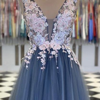 Gray V Neck Tulle Lace Long Prom Gown Evening..