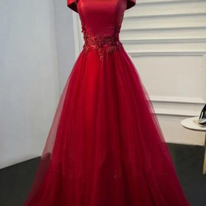 Burgundy Tulle Lace Long Prom Dress Formal Dress