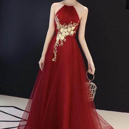 Burgundy Lace Tulle Prom Dress Evening Dress