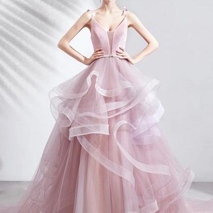 Pink V Neck Tulle Long Prom Dress Sweet 16 Dress