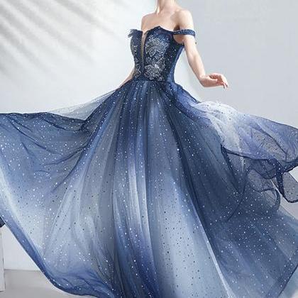 Blue Tulle Sequins Long Prom Dress Evening Dress