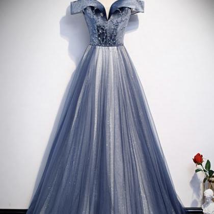 Blue Velvet Beads Prom Dress Blue Formal Dress