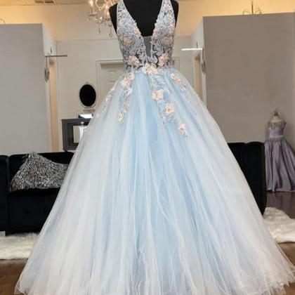 Blue V Neck Lace Long Prom Dress Evening Dress
