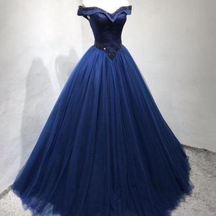 Blue tulle long prom dress blue eve..