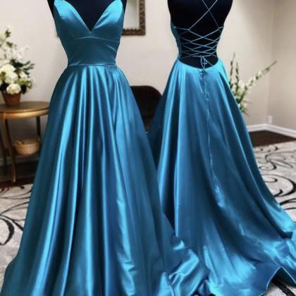 Simple V Neck Satin Long Prom Dress Blue Evening..
