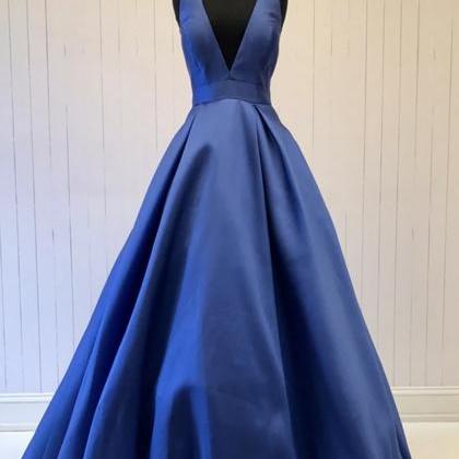 Blue Satin Long A Line Prom Dress Evening Dress