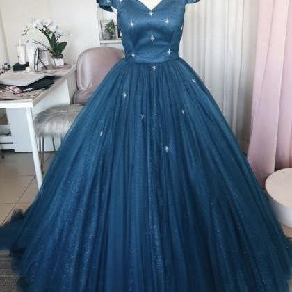 Blue tulle long prom gown blue even..