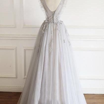 Gray V Neck Tulle Lace Long Prom Gown Women..