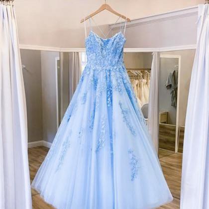 Blue Lace Tulle Long Prom Dress Evening Dress