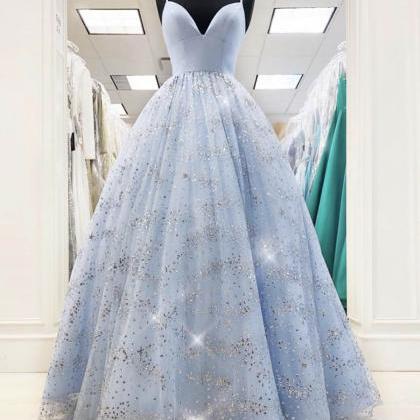 Blue Tulle Sequins Long Prom Dress