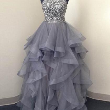 Gray Tulle Beads Long Prom Dress Evening Dress