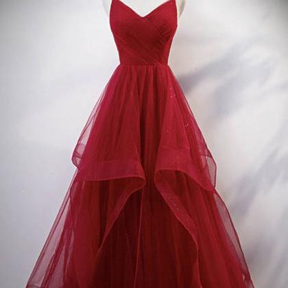 Burgundy Tulle Floor Length Prom Gown Formal Dress