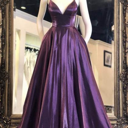 Purple satin long prom dress evenin..