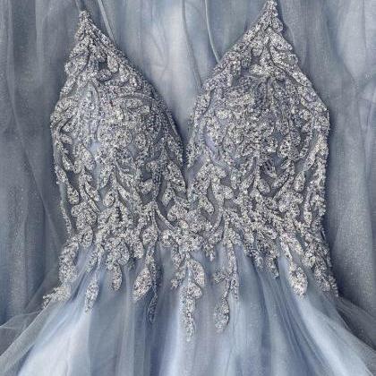 Gray V Neck Tulle Beads Long Prom Dress