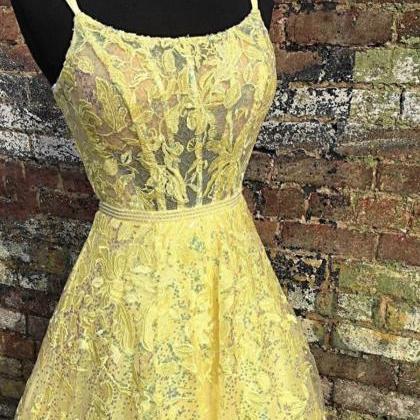Yellow Tulle Lace Long Prom Dress Evening Dress