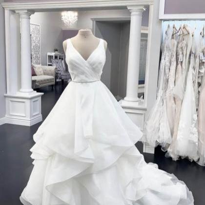 White V Neck Tulle Long Prom Dress Wedding Dress