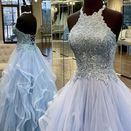Blue Tulle Lace Long Prom Gown Formal Dress