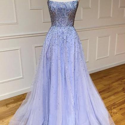 Blue Tulle Beads Long Prom Dress Evening Dress