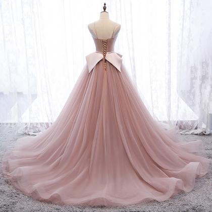 Pink Tulle Long Prom Gown Pink Evening Dress