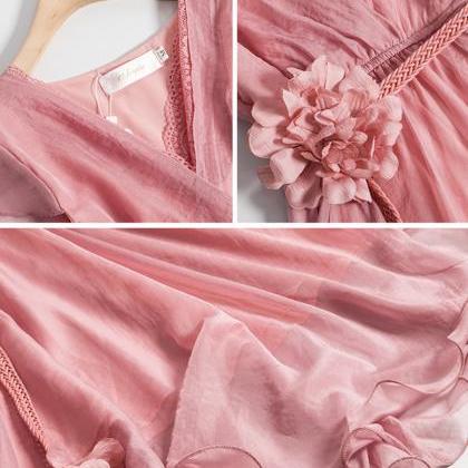 Pink V Neck Soft Chiffon Dress Summer Dress
