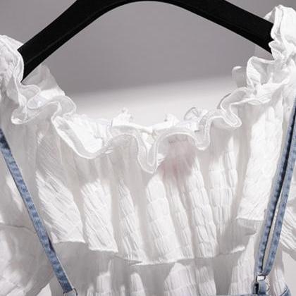 Cute White Ruffled Top + Strap Denim Skirt