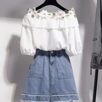 Sweet White Flower Top + Denim Skirt