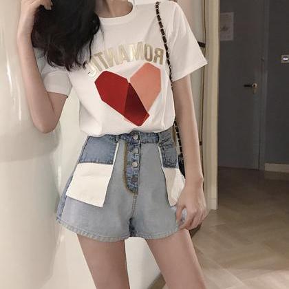 Cute Heart Short-sleeved T-shirt + Denim Shorts