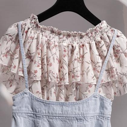 Two Pieces Set Cute Floral Top + Denim Skirt