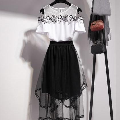 Two Pieces Set Black Applique Tops + Tulle Skirt