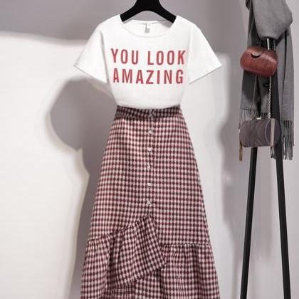 Summer Two-piece Suit White T-shirt + Plaid Skirt