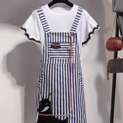 Summer Two-piece Suit White T-shirt + Stripe Skirt