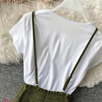 Simple White Short Sleeve T-shirt + Strap Wide-leg..