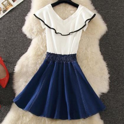 Cute V Neck Denim Stitching Dress Summer Dress