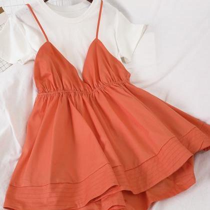 Cute Two-piece Sets T-shirt+ Loose Straps Shorts..