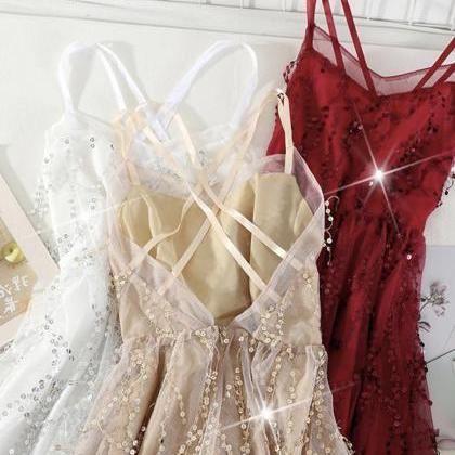 Stylish v neck tulle sequins short dress party dress  1131